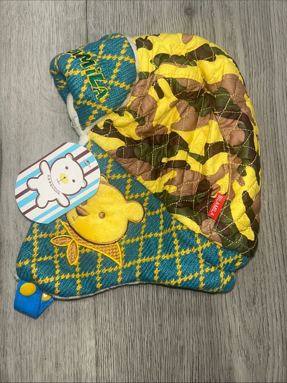 Bila Kids Yellow & Teal Quilted Bear Earflap Hat NWT